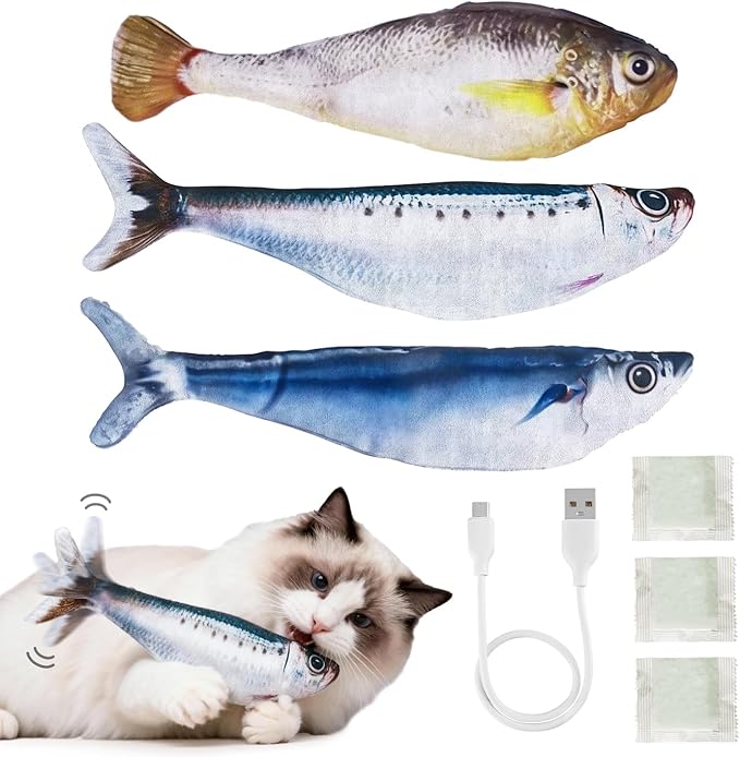 Cat Toys Flopping Fish 3 Pack Rechargeable Cat Toys Interactive for Indoor Exercise with Catnip, Moving Cat Toy 3 Flapping Mode 7.1 Inches Electric Realistic Plush Wiggle Fish