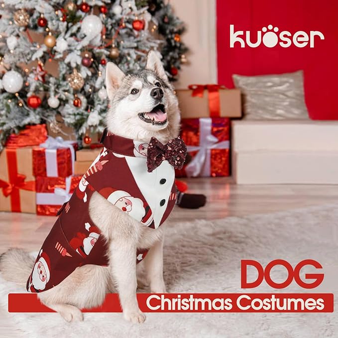 Kuoser Christmas Dog Tuxedo Dogs Suit and Bandana Set, Santa Claus Doggy Christmas Outfit Adjustable Pet Xmas Costume with Bow Tie for Large Medium Small Dogs Golden Retriever Samo Bulldogs, Red S