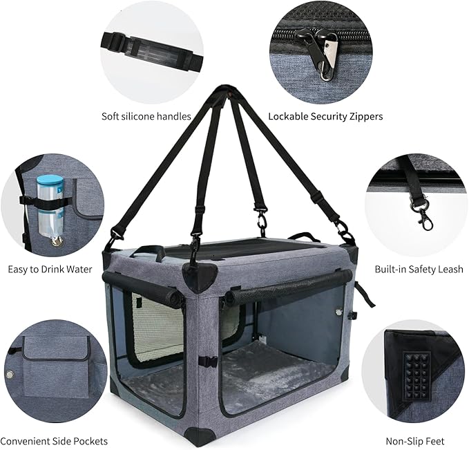 NEZUC Soft Collapsible Dog Crate - 36 Inch Portable Soft Sided Travel Dog Crates for Large Dogs, 4-Door Foldable Dog Carrier, Pet Kennel Indoor & Outdoor (Gray, 36.0" L x 22.0" W x 22.0" H)