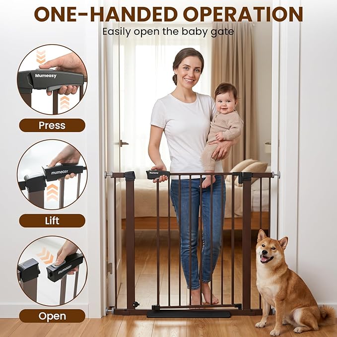 Baby Gate for Stairs, 29.7-40.6" Auto Close Dog Gate Indoor for Doorways, Dual-Lock Design, Extra Wide Pet Gate No Drilling with Walk Thru Door for Hallways, Stroller Friendly, Brown