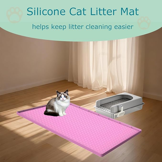 Cat Litter Mat for Litter Box, Silicone Large Cat Litter Trapping Mat - 25x19 in, Waterproof & Non-Slip, Durable & Easy Clean, Pink