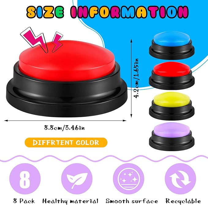 Honoson 8 Pieces Recordable Answer Buzzers Button for Trivia Games Show Buzzers Recording Buttons Gifts for Classroom Team(Bright Color)
