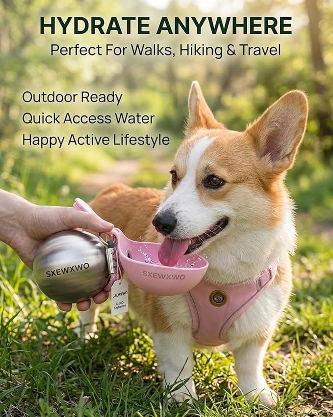 The 2-in-1 Dog Water Bottle & Bowl 2026 New Portable Trave Pet Dispenser Perros Silicone Water Ball Spill Proof Container Design on Walks Walking Hiking Insulated Round Botella Animal (Pink)