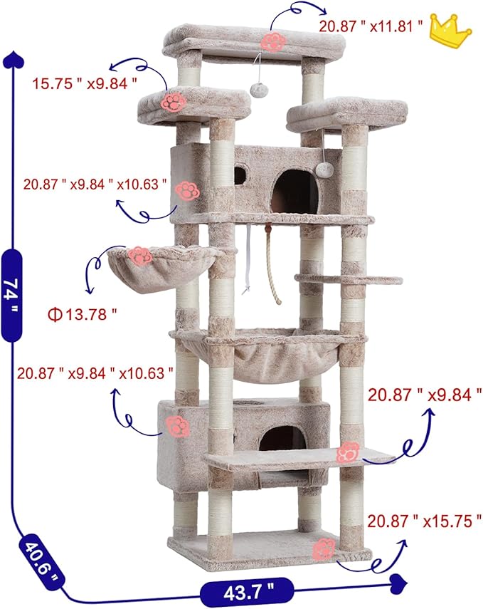 Gitelsnour Cat Tree for Indoor Cats Large Adult, 74" Cat Tower with 3 Big Platforms, 2 Baskets, 2 Condos, Multi-Level Cat Scratching Posts, Muchroom GCT030MU
