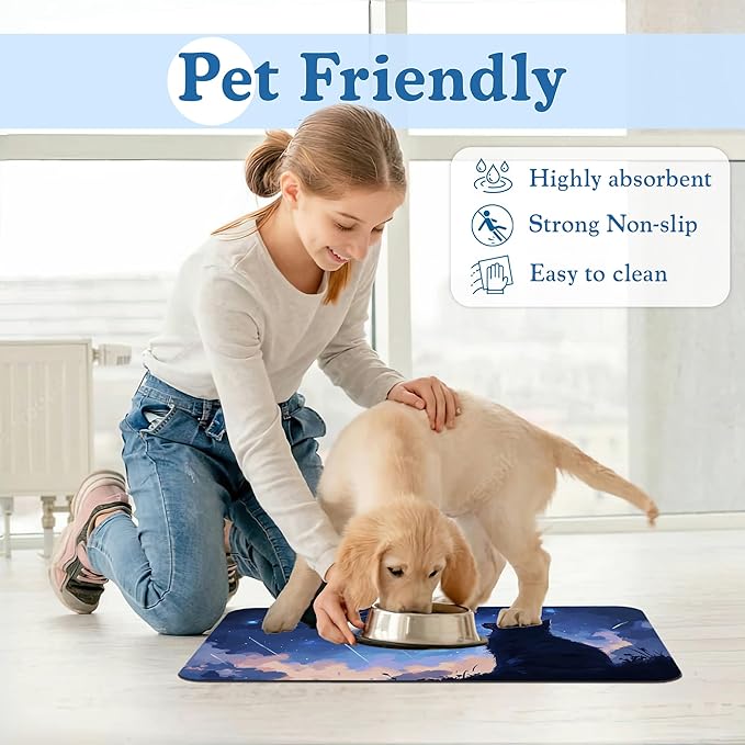 Starry Night Cat Dog Food Mat–Absorbent Quick Dry Feeding Placemat for Food and Water Bowls, Non Slip Rubber Backing, Waterproof Pet Supplies for Mess-Free Eating 16"x24"