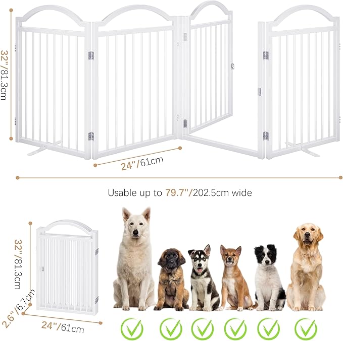 BHG Metal No-Assembly Freestanding Dog Gate with Door Walk Through, Extra Wide 96", Extra Tall 32" Pet Gate, Accordion Puppy Folding Playpen Dog Fence for Indoor & Outdoor, with 2PCS Support