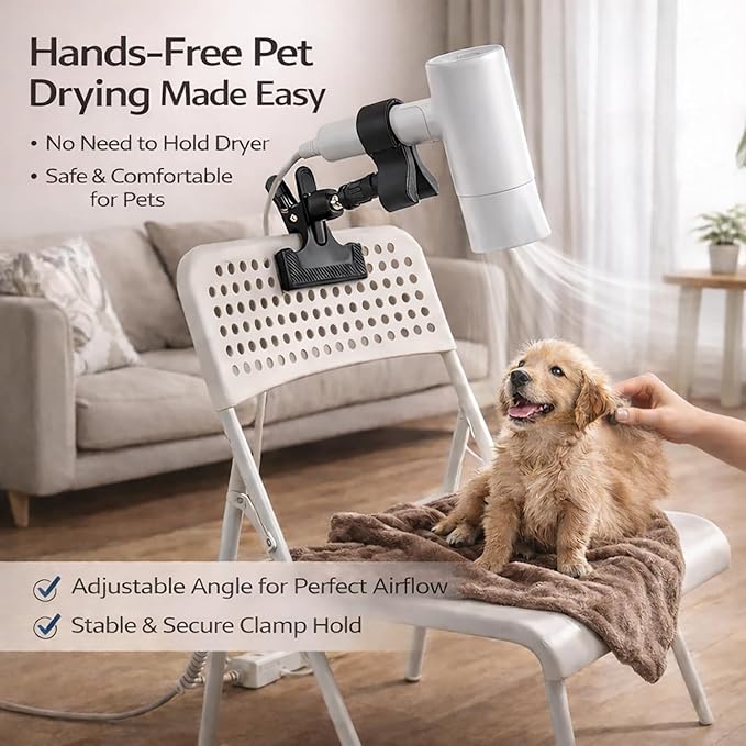 360 Degree Rotating Hands Free Hair Dryer Holder Sturdy Metal Base and Strong Clamp Adjustable and Flexible Blow Dryer Stand for Easy Styling Stable and Easy Installation