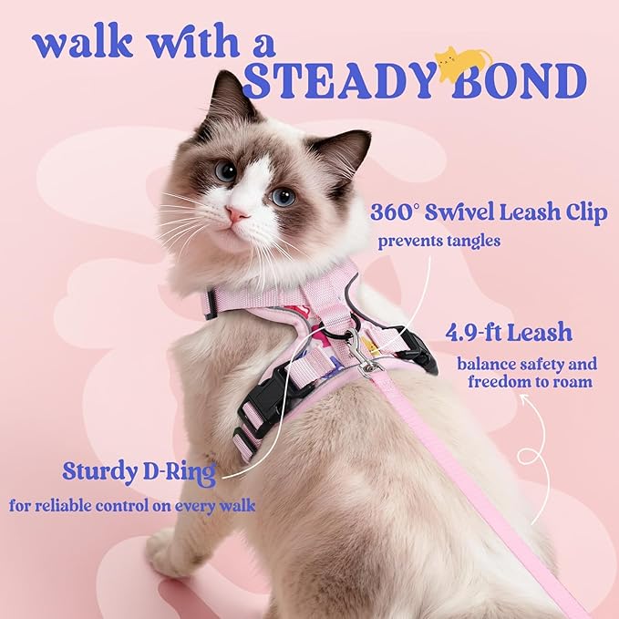 rabbitgoo Cat Harness and Leash Set, Escape Proof Vest Harness for Safe Outdoor Walks, Soft Breathable Adjustable Vest with Reflective Strips for Average to Large Cats, Purrty Pink, M