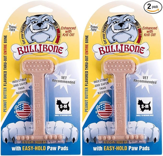 Bullibone Nylon Dog Chew Toy for Aggressive Chewers - Dental Hygiene Bone with Peanut Butter Flavor, Durable Tough Chew Toys for Small Dogs, Indestructible Dog Bone - 2 Pack