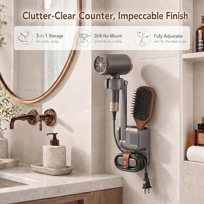 Hands Free Hair Dryer Holder Wall Mount, No Drill Installation, Damage-Free Wall, Adjustable Arm, With Cord Storage，Storage Slot，For Home & Hotel Bathroom, Bedroom Vanity, Fits Most Hair Dryers (Gray)