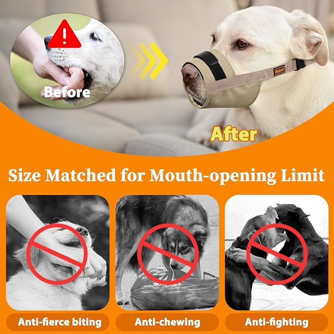 Mayerzon Dog Muzzle for Large Medium Small Dogs, Adjustable Fit, Soft & Sturdy Fabric, Prevents Fierce Barking Biting Chewing, Ideal for Grooming Walking Vet Visits, Allows to Pant Drink (Khaki, M)