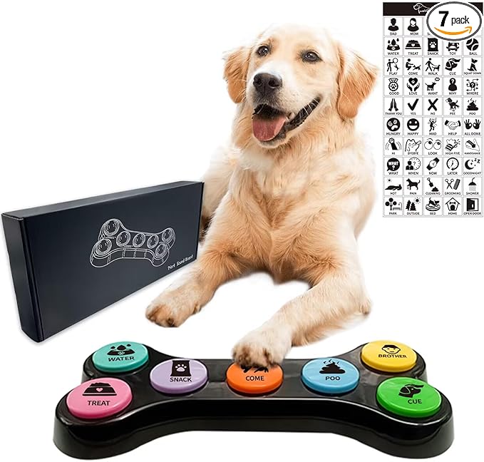 RIBOSY Dog Buttons for Communication, 7 in 1 Dog Talking Button Set, Recordable Training Buzzers for Dogs with 50 Scene Stickers (Battery Included)