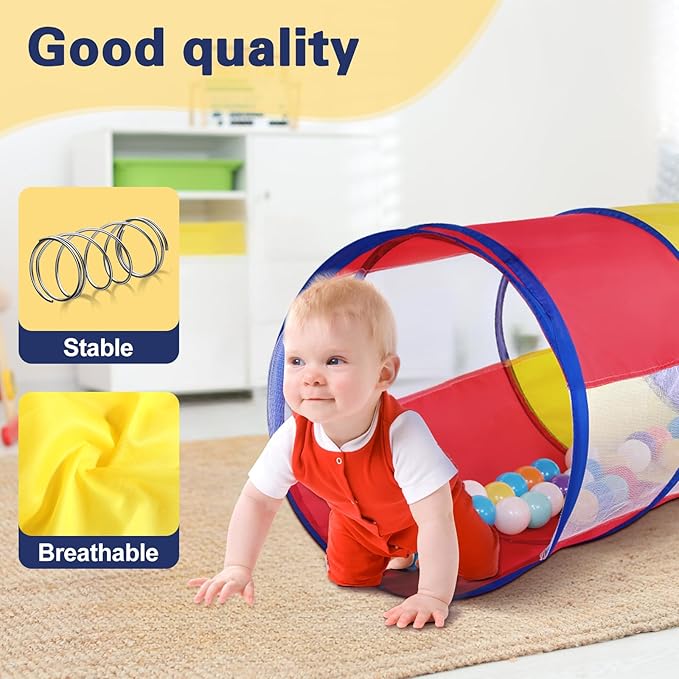Kids Play Tunnel Tent for Toddlers, Colorful Pop Up Crawl Through Passage, Indoor & Outdoor Pipe Toy for Kids Backyard Playset, Dog Cat Pet Tunnel (Red, Yellow and Blue Tunnel)