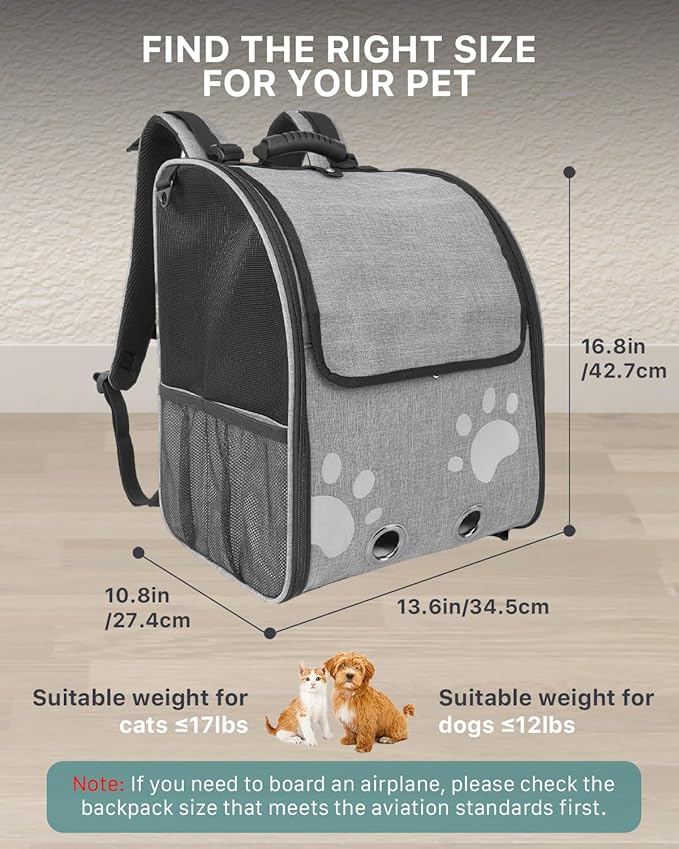 Cat Backpack Carrier with Comfort Handle, Ventilated Cat Backpack with Reflective Strips, with Chest and Shoulder Buckles, Foldable Cat Carrying Backpack for Kitty Small Dog up to 15lbs(Grey).