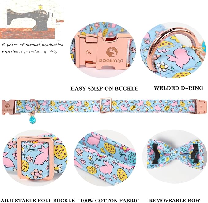 DOGWONG Easer Dog Collar with Bow,Blue Bunny Easter Dog Collars, Adjustable Durable Soft Flower Easter Dog Collar for Male Female Puppy,L