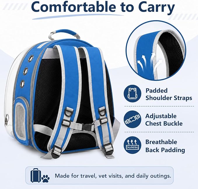 Expandable Cat Carrier Backpack for Cats & Dogs, Bubble Window Pet Travel Backpack with Breathable Mesh, Anti-Collapse Structure, Side Door, Safety Leash, for Vet Visits, Hiking, Outdoor, Blue