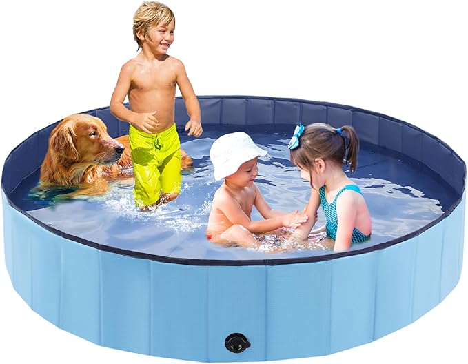 Eooqi Foldable Dog Pool, Portable Pet Bath Tub and Kiddie Swimming Pool, Collapsible Bathtub for Puppies, Small, Medium and Large Dogs, Cats and Kids, 79 x 12 in, Blue