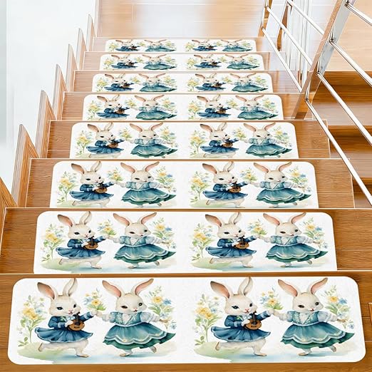 Animal Cute Rabbit Watercolor Stair Treads for Wooden Steps Indoor Washable Staircase Carpet 15PCS 30"x7.8" Stair Step Treads Non-Slip Staircase Covers Peel and Stick Safety Mat for Kids Elders Pets