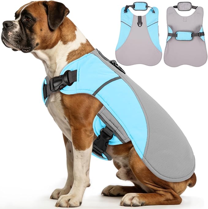 DENTRUN Dog Cooling Vest with Dual Absorbent Core, Adjustable Sun Protective Vest for Hot Weather, Doggie Ice Jacket Hiking Travel Summer Essentials, Reflective, Sun Protective Vest, Blue XXL