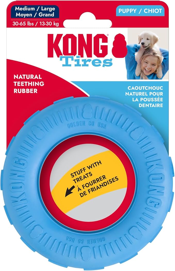 KONG Puppy Tires - Dog Chew Toy for Puppies - Stuffable Dog Toy for Treats & Snacks - Natural Rubber Chew Toy for Teething Puppy - for Medium/Large Puppies - Blue