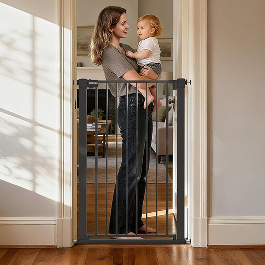 43 inch Tall Safety Dog Gate Adjustable 29.7-57 inch Extra-Wide Metal Pet Gate Drill-Free Pressure-Mount Installation kit Self-Closing Cat Gate for Stairwells、Doorways（Black）