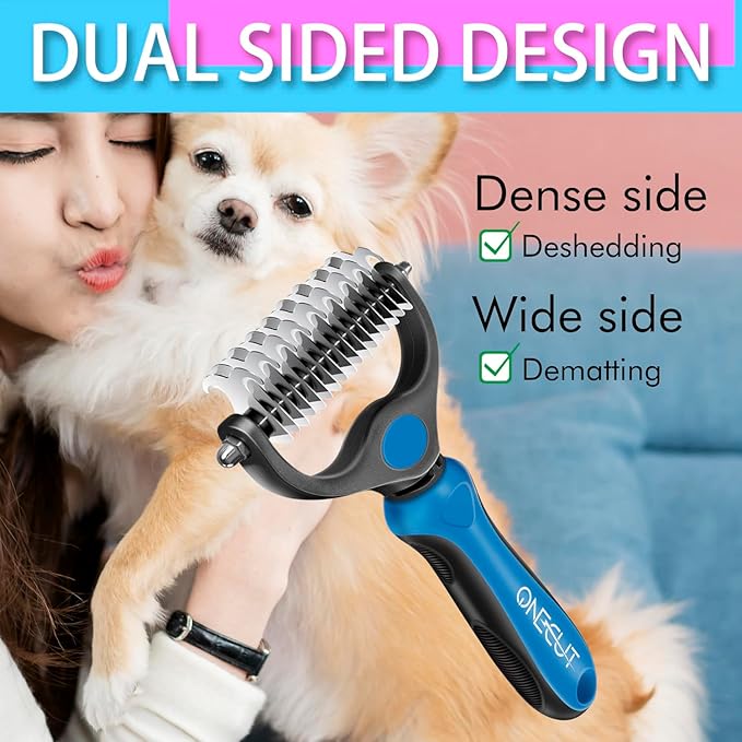 Pet Grooming Brush and Metal Comb Combo, Pet Grooming Rake and Brushes for Small, Medium & Large Dogs Double Sided Deshedding Tool Removes Knots and Tangled Hair (Blue)