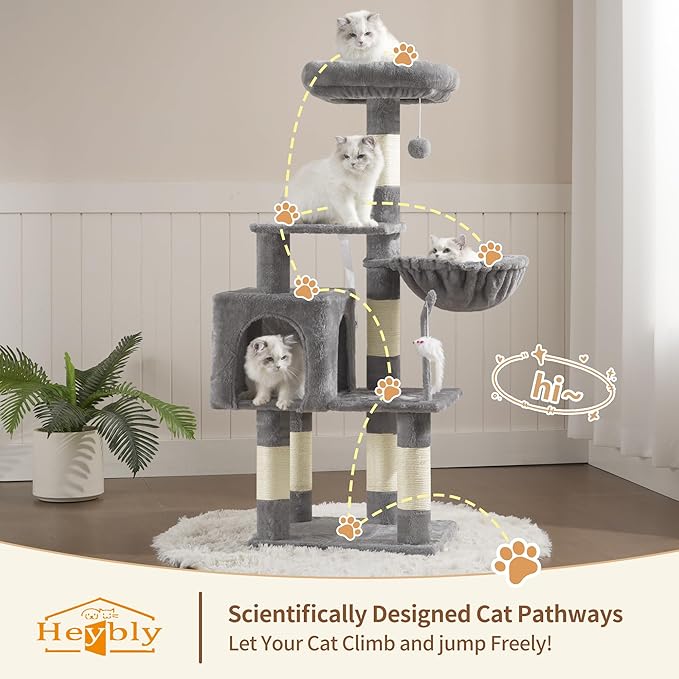 Heybly Cat Tree with Toy, Cat Tower condo for Indoor Cats, Cat House with Padded Plush Perch, Cozy Hammock and Sisal Scratching Posts, Light Gray HCT004SW