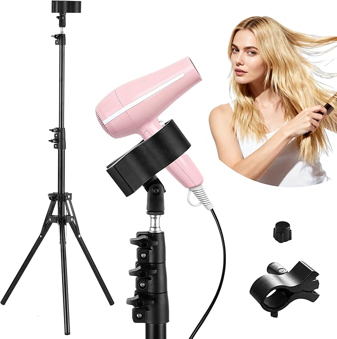 Hands-Free Hair Dryer Stand for Home Blow Drying, DIY Styling, Salon&Live Streaming Ideal for Long Hair Women Busy Moms People with Arm Shoulder Pain 30-62 Inch Adjustable Height Tripod, 360° Rotation