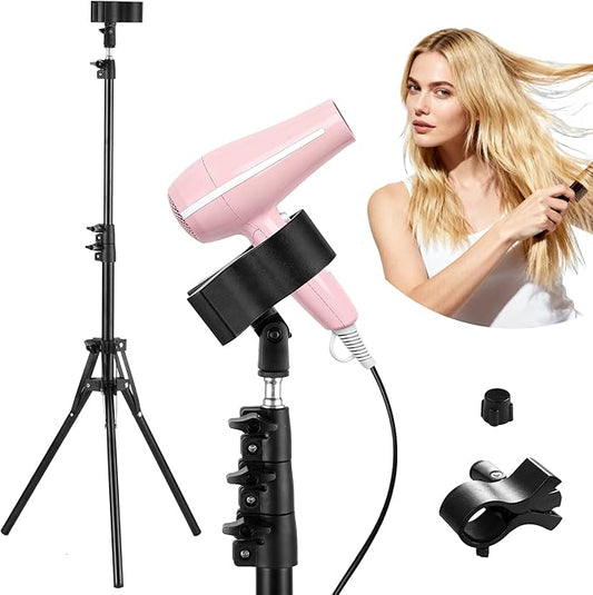 Hands-Free Hair Dryer Stand for Home Blow Drying, DIY Styling, Salon&Live Streaming Ideal for Long Hair Women Busy Moms People with Arm Shoulder Pain 30-62 Inch Adjustable Height Tripod, 360° Rotation