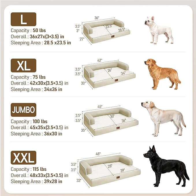 Comfort Expression Large Dog Bed Washable - XL Orthopedic Dog Beds Waterproof Pet Couch Memory Foam Sofa Bolster with Removable Cover - 42 x 30