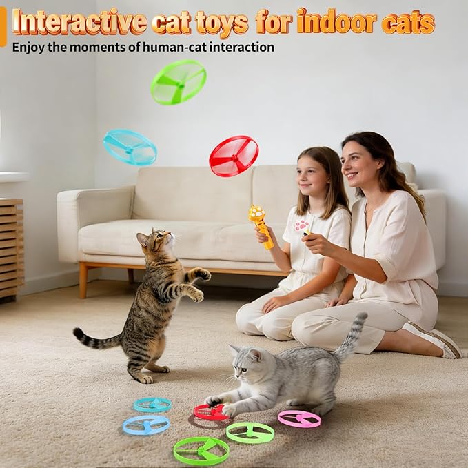 BABORUI Cat Toy Disc Launcher, Rechargeable Interactive Cat Fetch Toy Launcher with 16 Flying Discs, Flying Enrichment Toys for Indoor Bored Kittens & Adult Cats (Yellow+White)