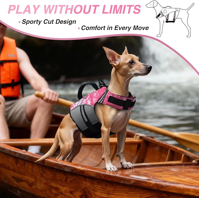 VIVAGLORY Sports Style Dog Life Vest, Dog Life Jacket for Swimming & Boating, Ripstop & Buoyancy for Puppy Doggy, Lifejacket with Handle, XS, Camo Pink