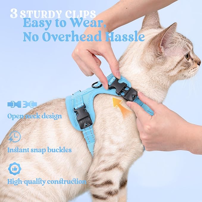 rabbitgoo Cat Harness and Leash, Escape Proof Vest with 3 Adjustable Buckles, Soft Comfortable Kitten Harness, Easy to Wear, Reflective for Safe Outdoor Walking, XS, Sky Blue