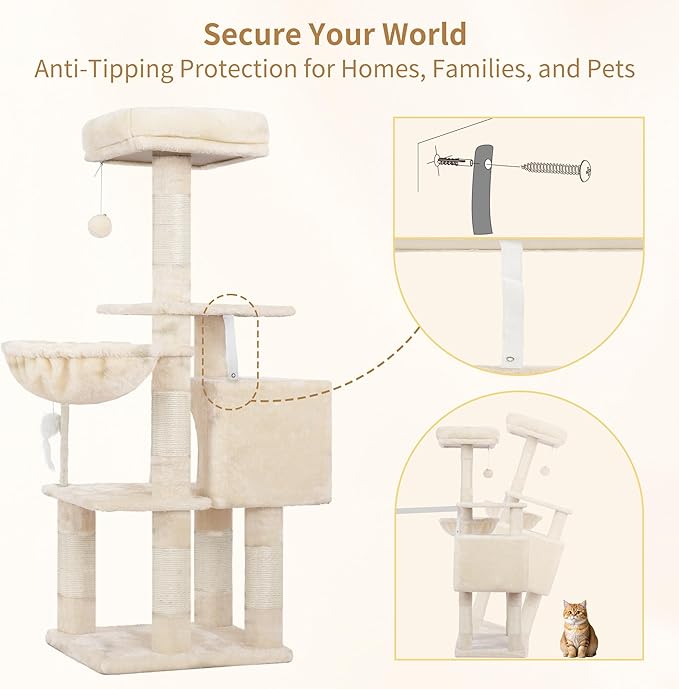 Heybly Cat Tree with Toy, Cat Tower condo for Indoor Cats, Cat House with Padded Plush Perch, Cozy Hammock and Sisal Scratching Posts, Beige HCT004SM