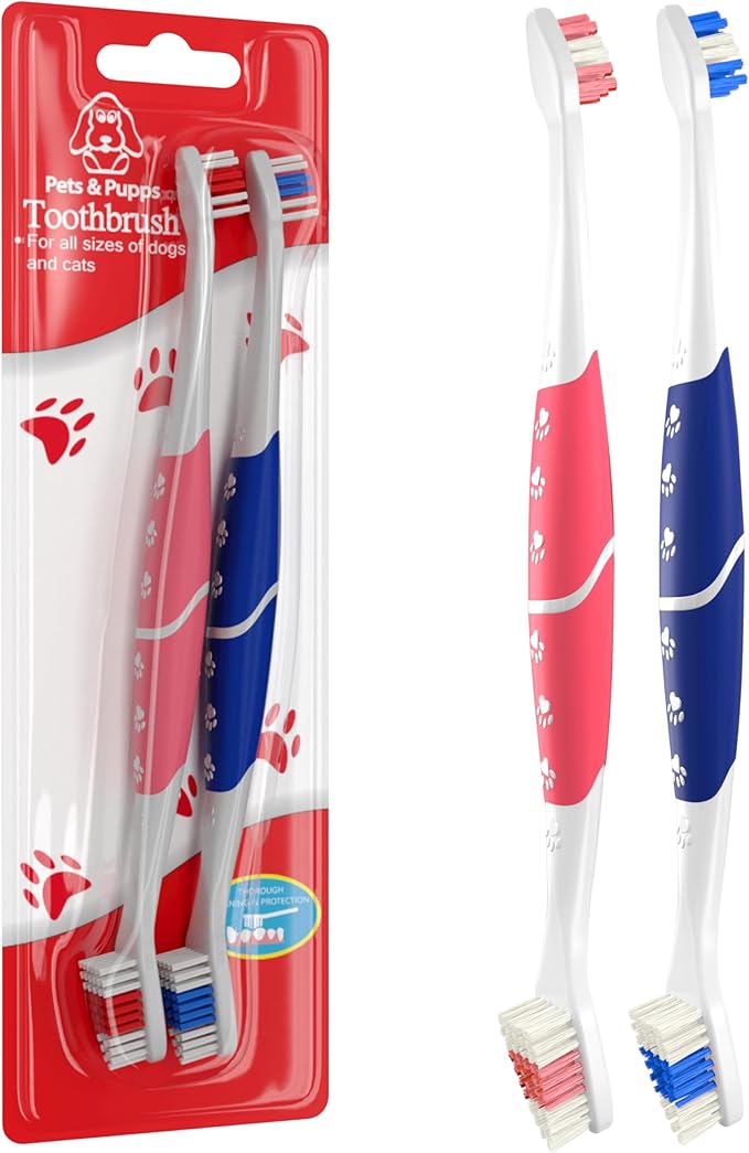 Pet Toothbrush for Dogs, Cats with Soft Bristles - Easy Teeth Cleaning & Dental Care, Non Slip Dual Head Dog Toothbrush for Medium & Large Pets, Toothpaste Not Included Pack of 2 Pink and Blue