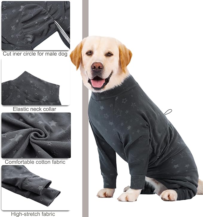 Dog Coats Autumn Winter Jumpsuit for Large Medium Dogs, Warmer Recovery Suit Polar Fleece Dog Bodysuit Lightweight Pajamas Pullover Stretchy Onesie Four-Legged Cold Weather Clothes(3XL, Grey)