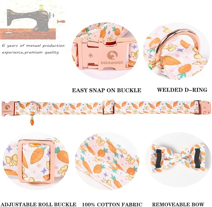 DOGWONG Easer Dog Collar with Bow,Pink Easter Dog Collar, Adjustable Durable Soft Carrot Easter Dog Collars for Male Female Puppy,S