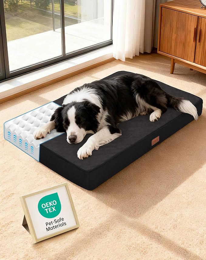 OhGeni Orthopedic Waterproof Dog Bed for Medium Large Dogs, Machine-Washable Removable Cover in Easy-Clean Fabric, Reversible Memory Foam & Easy-Carry Handle, Suitable for Crate, 35 inch (Black)