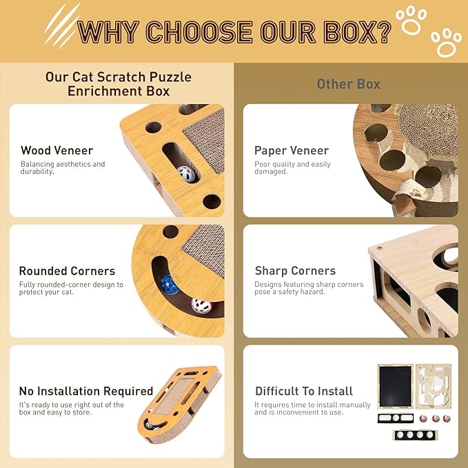 OHMU Interactive Cat Puzzle Box, Cat Nail File Toy, Wooden Enrichment Scratch Board for Indoor Cats with Bell Balls & Wand, No Assembly