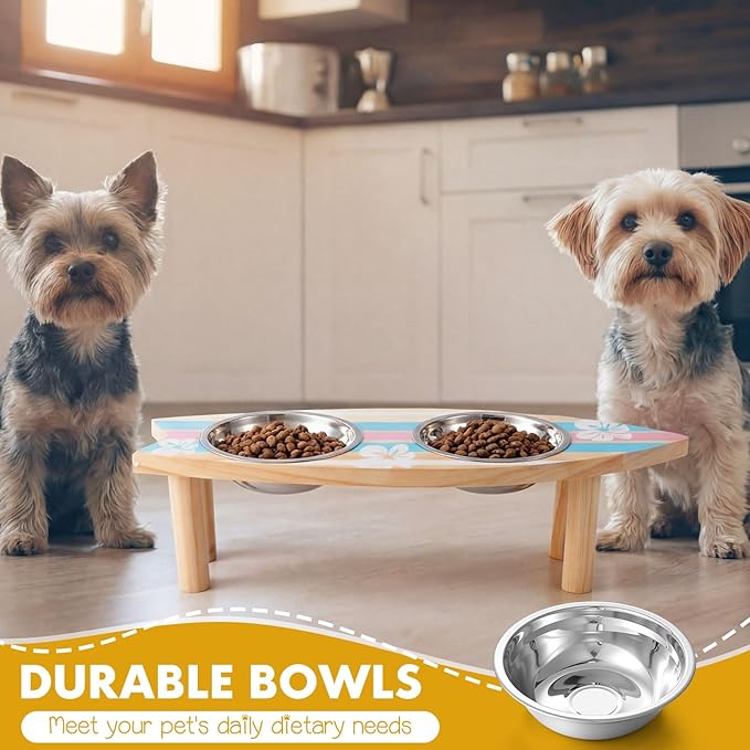 Elevated Puppy Bowls Raised Cat Bowl Holder, 17" x 4.3" Stand Sturdy Surfboard Pet Feeder with Two Detachable Stainless Steel Bowls Suitable for Cats Kittens Puppies