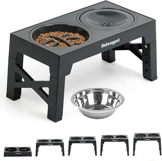 3-in-1 Elevated Slow Feeder Dog Bowls for Food and Water, 5 Heights Adjustable Raised Dog Bowls, Non-Slip, No Spill, for Small Medium Large Dogs and Cats(Grey)