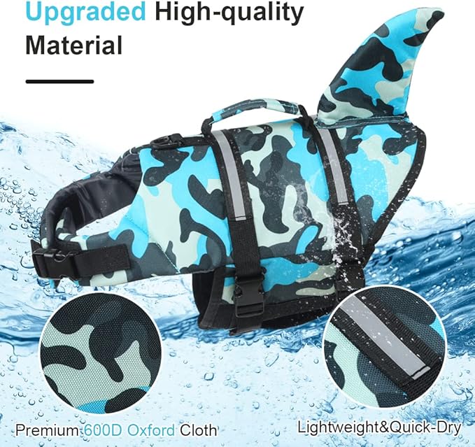 EMUST Shark Life Jackets for Dogs, Adjustable Ripstop Dog Life Vest for Water Safety Pet Life Vest with Rescue Handle Safety Vest for Swimming Pool Beach Boating, (L,Blue Camouflage)