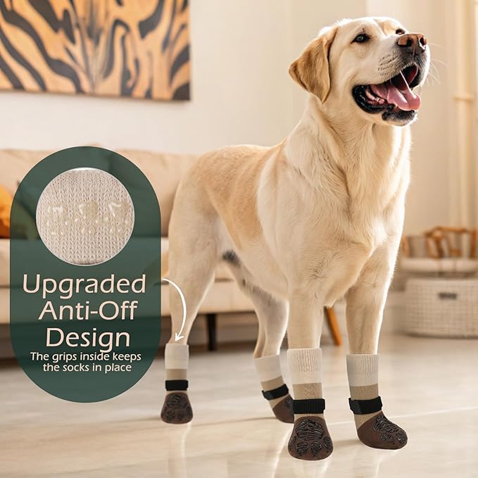 EXPAWLORER Anti Slip Dog Socks to Prevent Licking Paws, Dog Shoes for Hot Pavement, Dog Booties for Hardwood Floors, Dog Boots & Paw Protectors with Grippers for Small Medium Large Senior Dogs Khaki L