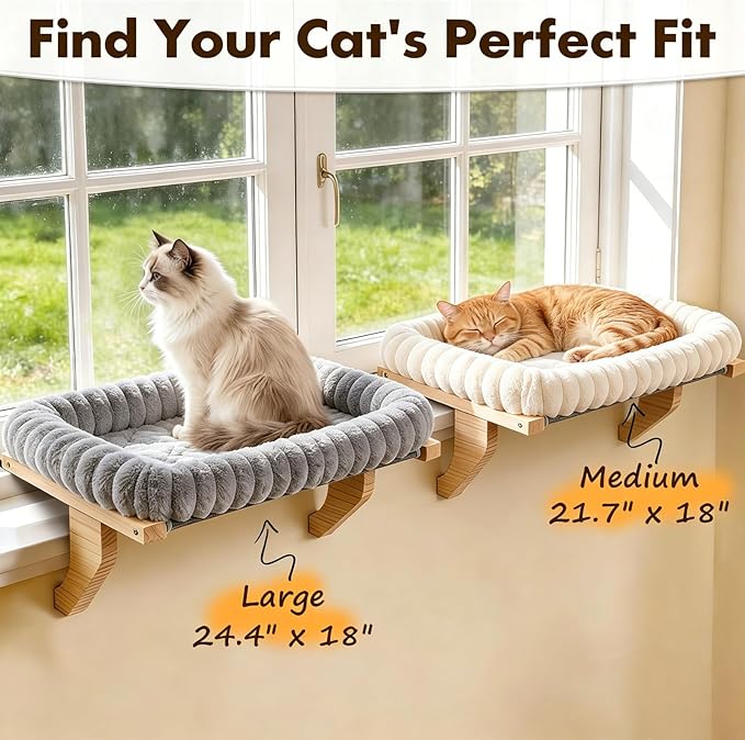 Zoratoo Cloud-Cuddle Cat Perch for Window Sill with Bolster, Natural Wood & Metal Frame Cat Window Seat for Large Cats, Easy to Adjust Zipper Cushion Pet Bed for Windowsill (Medium, Gray)