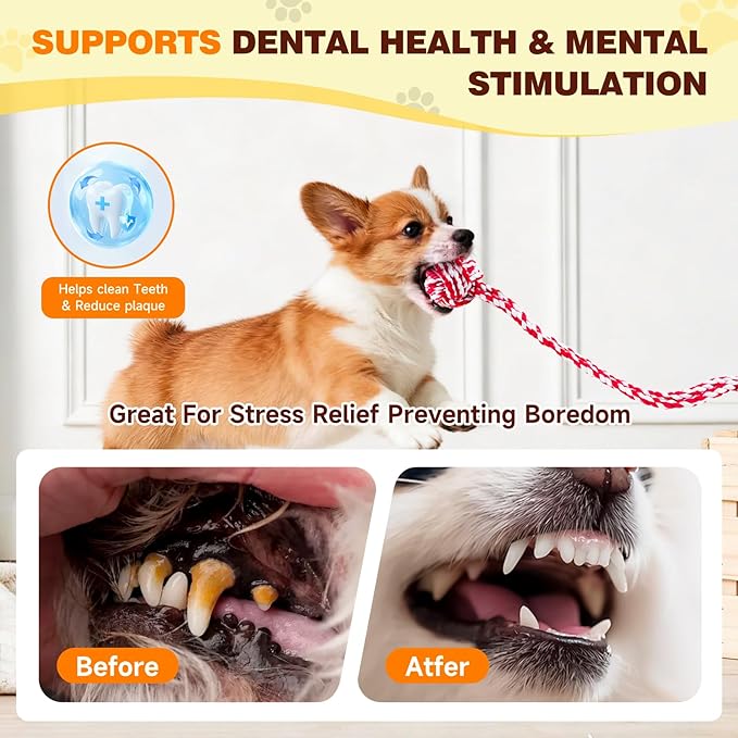 Interactive Dog Toys to Keep Them Busy, Tug of War, Dog Enrichment Toys for Aggressive Chewers, Puppy Teething Toys,Durable Rope & Chew Ball, Indoor Toys Small Dogs，Red White