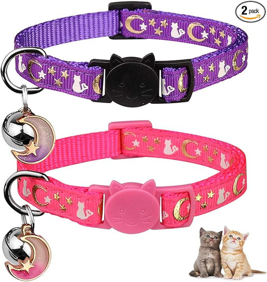 Baeuppit 2PCS Breakaway Cat Collars with Bell Cute Kitty Glow in The Dark Adjustable Kitten Collars 7.9-13.0 Inch(Purple&Pink)