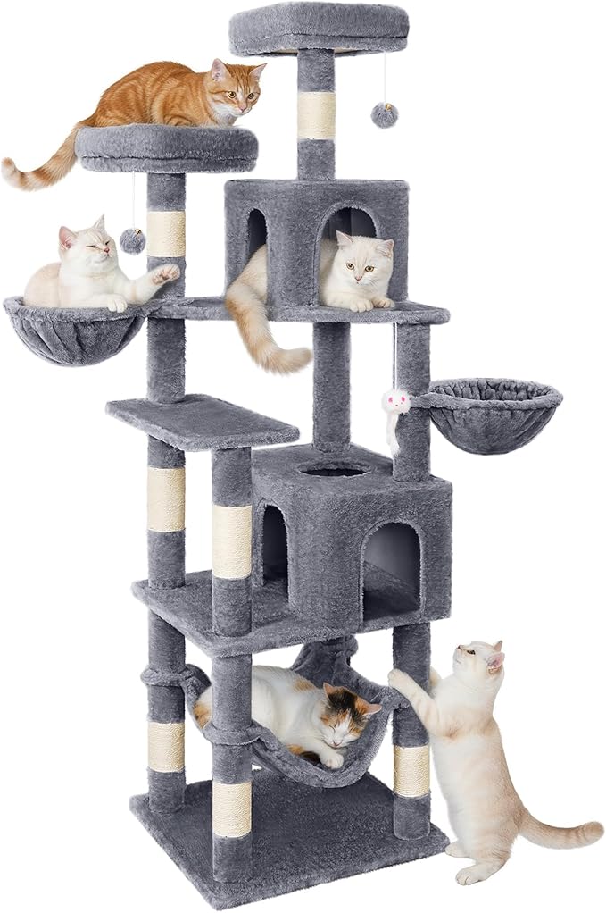 AMHANCIBLE 70 Inch Cat Tree for Large Cats, Multi-Level Cat Tower Condo with 2 Houses & Hammock for Indoor Cats, Tall Heavy Duty Kitty Playhouse, Grey, PT18GY