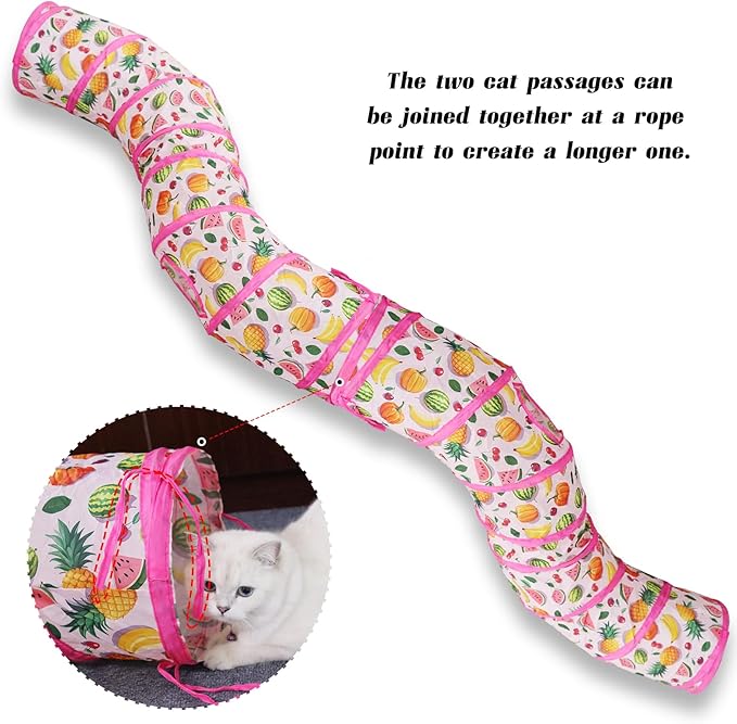 Andiker Cat Tunnel for Indoor Cats, 45" Long Rainbow Collapsible Kitten Tube with a Fun Ball and 2 Holes Cat Play Tunnel, Rabbit Tunnel for Kittens Exercising Hiding Training and Running (S Pink)