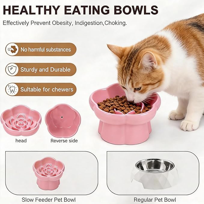Cat Slow Feeder Flower-Shaped Ceramic Slow Feeder Cat Bowl, Tilted Raised Cat Slow Feeder Bowl for Whisker Relief, Prevents Vomiting & Bloating, Non-Slip Base (White)