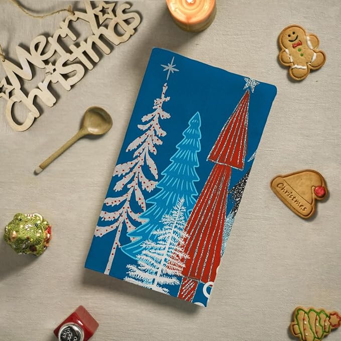 Blue Red Christmas Tree Hand Towels Set of 2 Xmas Watercolor Pine Trees Absorbent Bathroom Towel Soft Decorative Towels for Bathroom, Hotel 29.1 X 13.8 Inch